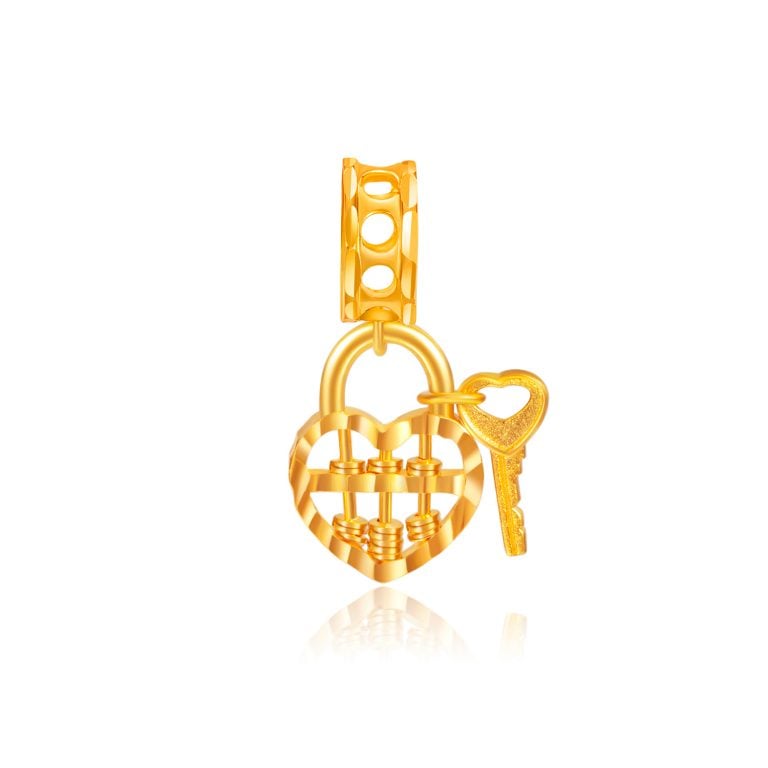 SK 916 Gold Abacus Love Locket Gold bracelet Charm featuring a heart-shaped lock with an intricate abacus and key design, symbolizing love and prosperity