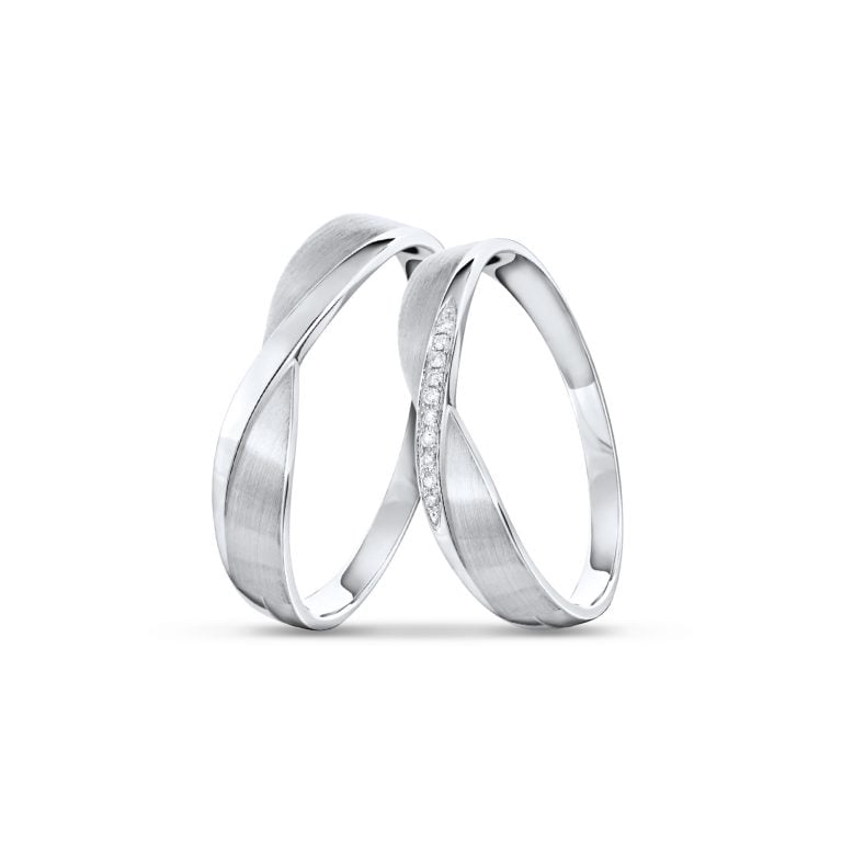 SK couple wedding rings in white gold with diamonds and the bands intertwined into a cross