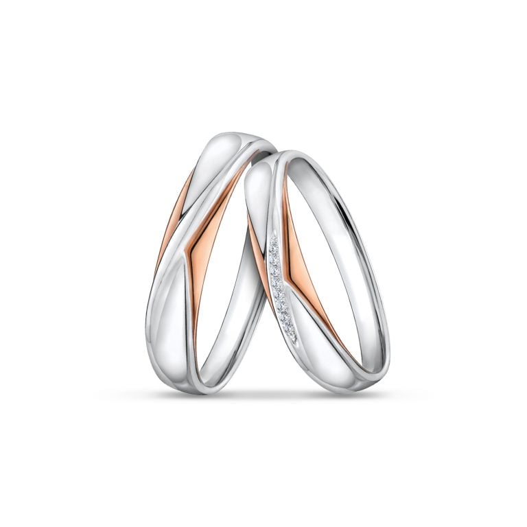 SK couple wedding rings in white gold and rose with diamonds