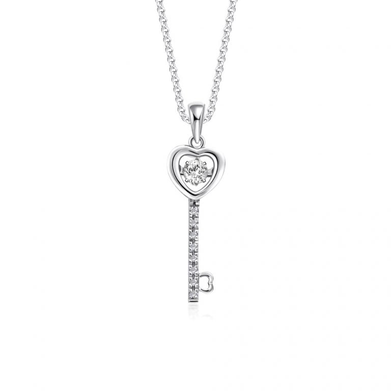 Secret Key Dancing Star Diamond Pendant featuring a heart-shaped 10k white gold key design pendant adorned with sparkling lab grown diamonds, a stunning diamond necklace for women