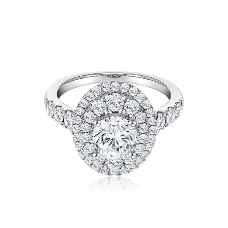 SK SOLITAIRE RING DIAMOND RING with paved halo and lab grown diamonds in 18k white gold STAR CARAT FANCY GRACE