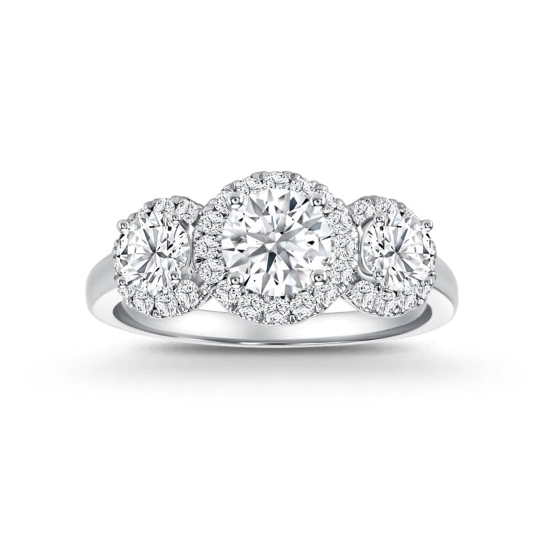SK SOLITAIRE RING DIAMOND RING with three lab grown diamonds in a pave setting in 18k white gold STAR CARAT TRILOGY HALO
