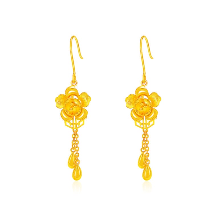 SK JEWELLERY 999 PURE GOLD DANGLING ROSE FLOWER GOLD EARRING MALAYSIA
