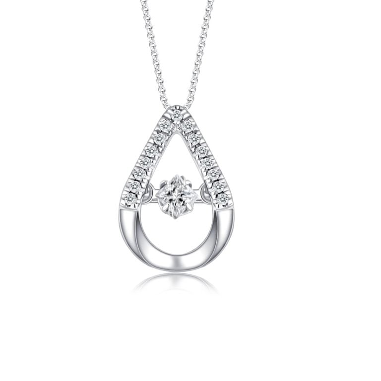 SK magical dewdrop dancing star diamond necklace for women, featuring a teardrop-shaped pendant with lab-grown diamonds in 10K white gold.