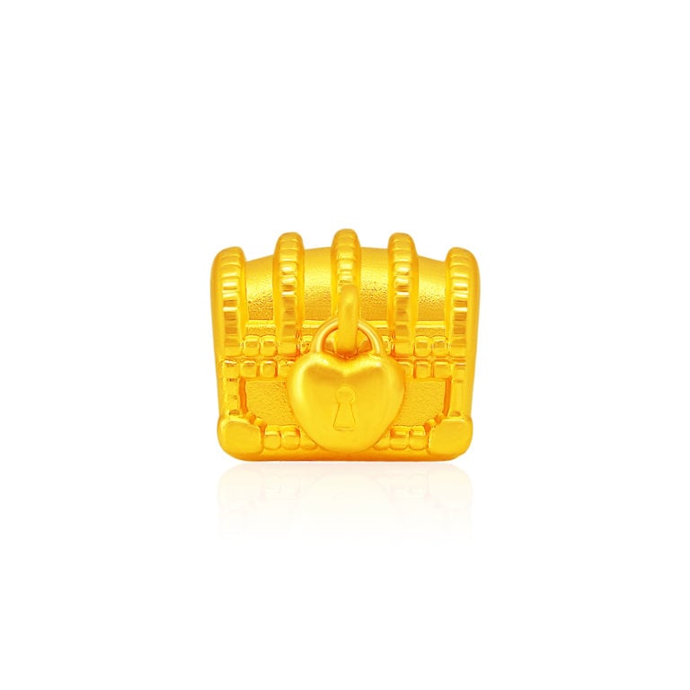 SK Beloved Treasure Box 999 Pure Gold Bracelet Charm featuring a detailed treasure chest design with a heart lock, symbolizing love and cherished memories