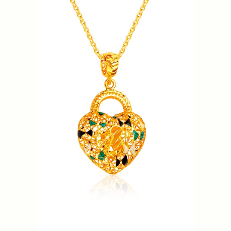 SK ORO AMARE HEART LOCK GOLD PENDANT IN GREEN PENDANT & NECKLACE FOR WOMEN