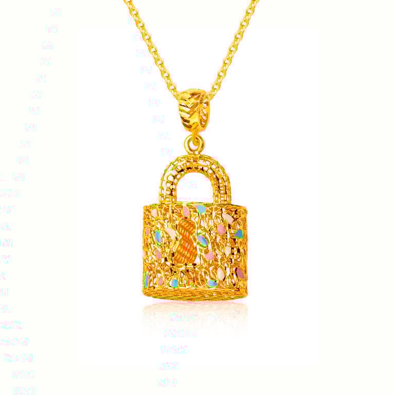 SK 916 ORO AMARE PADLOCK GOLD PENDANT IN CYAN PENDANT & NECKLACE FOR WOMEN