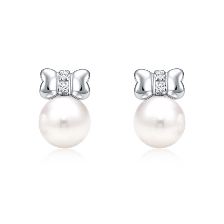 SK Jewellery Sweet Ribbon Precious Pearl Diamond Earrings in 10k white gold