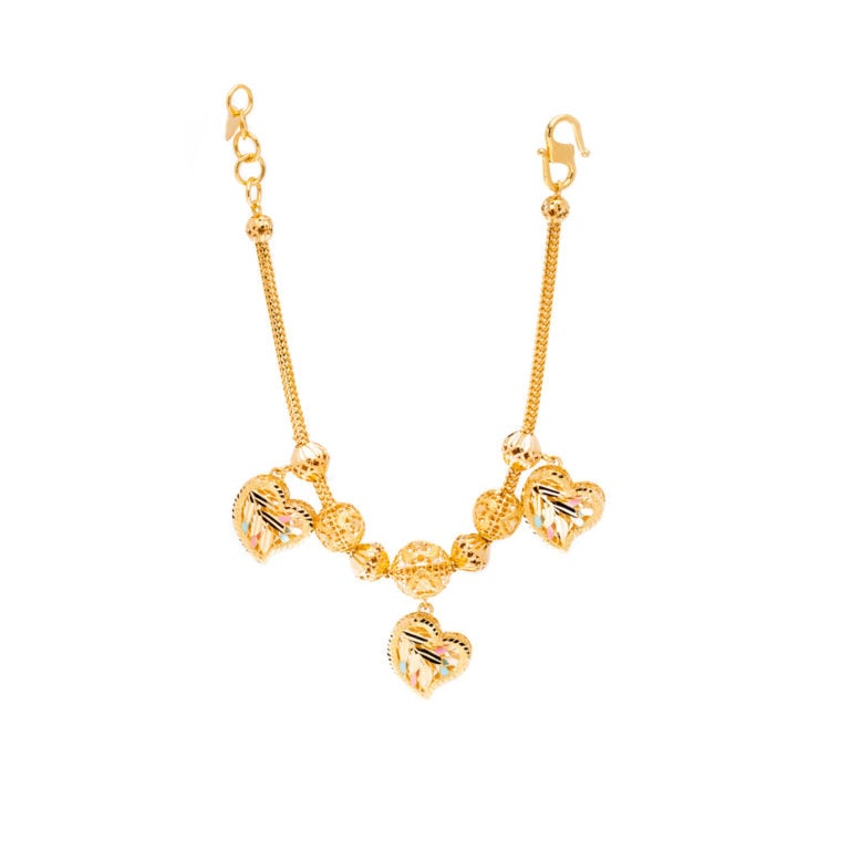 SK BRACELET FOR WOMEN ORO AMARE PURE LOVE a chunky bracelet with three teardrop like shaped hearts dangling as charms made out of 916 gold