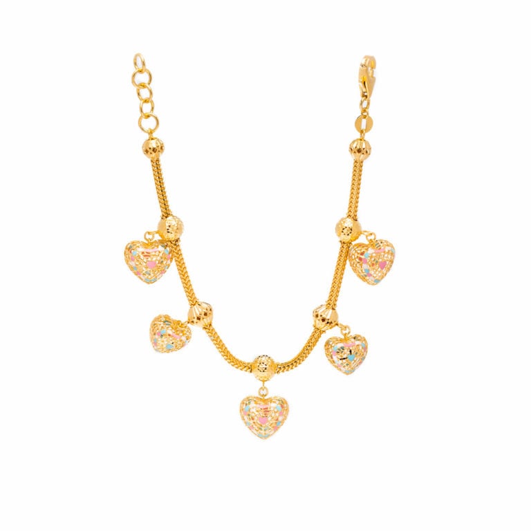 SK BRACELET FOR WOMEN ORO AMARE 916 EVERLASTING LOVE made in 916 gold featuring dangling hearts with pop of colours in cyan and pink