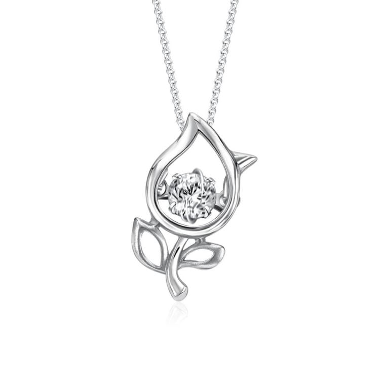 SK Star Carat Starlett Rose diamond necklace for women, featuring a 10K white gold rose-shaped pendant with a lab-grown diamond at its center.