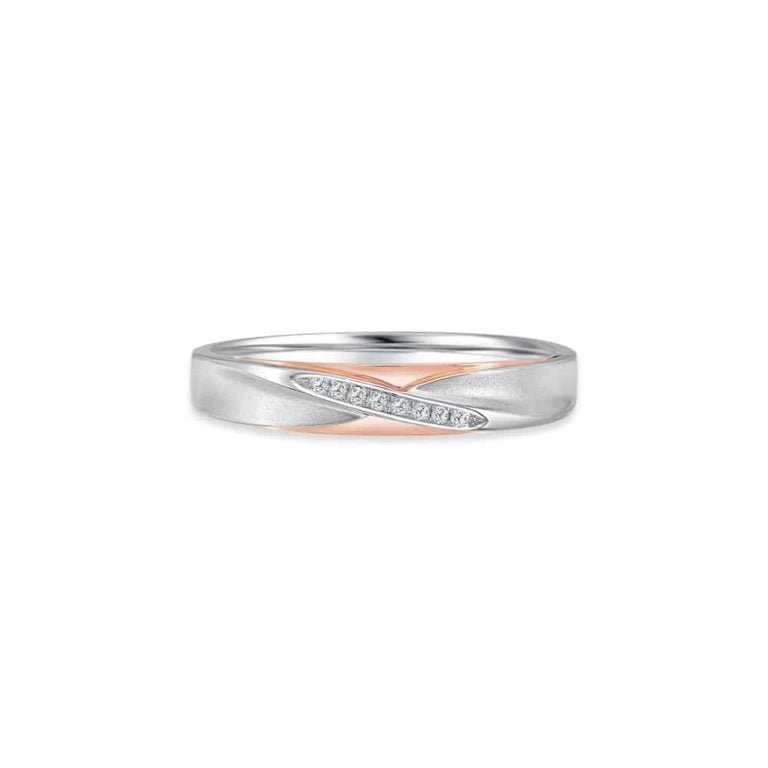 SK mens wedding rings in 18k white gold and rose gold with a delicate row of diamonds