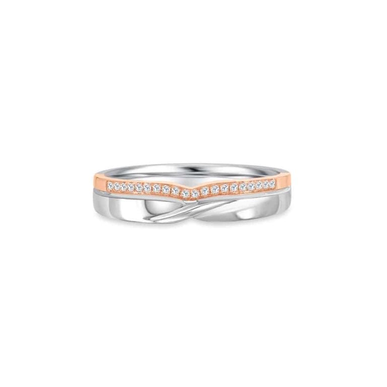SK mens wedding rings in 18k white gold and rose gold with a duo tone design lined with diamonds