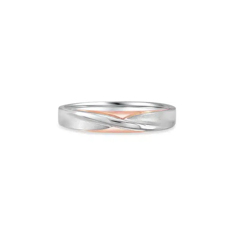 SK mens wedding rings with a crossed design in 18k white gold and rose gold