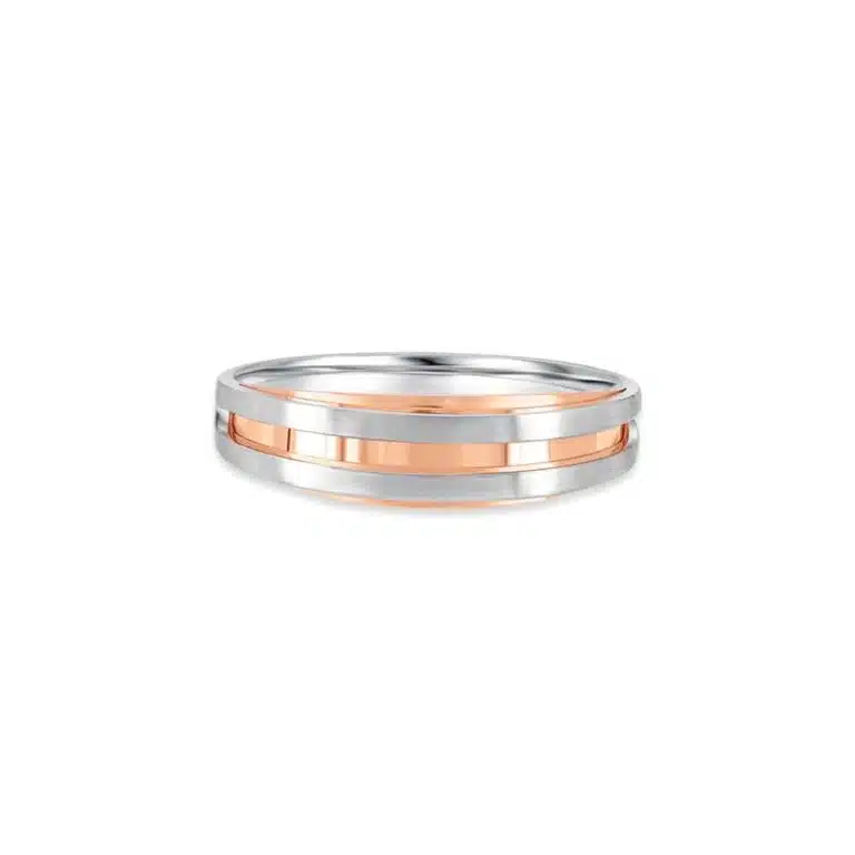 SK mens wedding rings in 18k white gold and rose gold with a simple four layer design