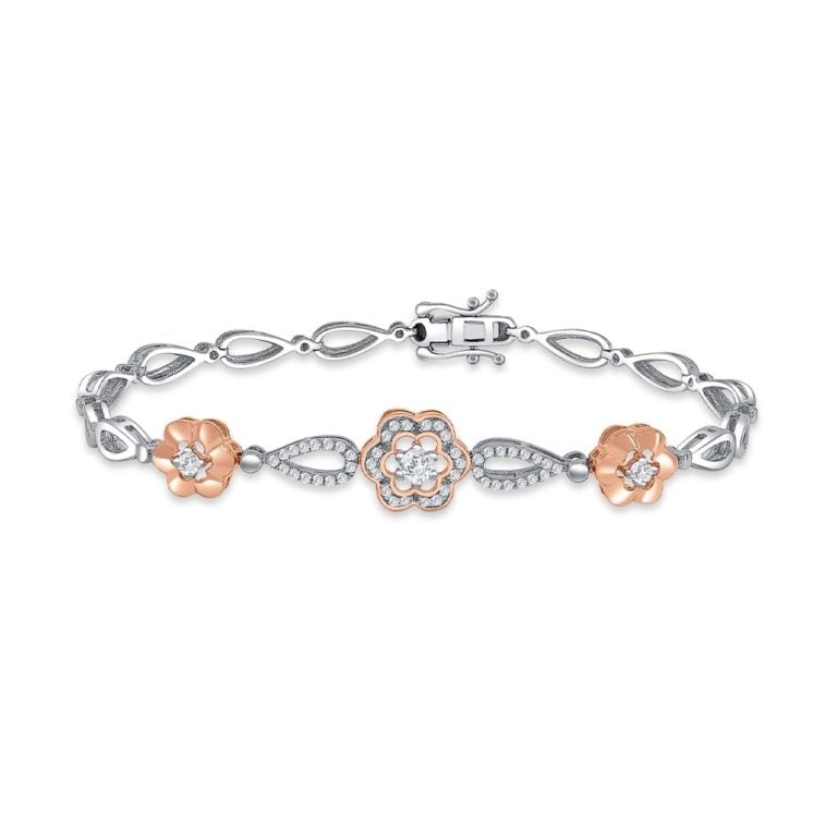 SK JEWELLERY 14K WHITE GOLD ROSE GOLD BRACELET MINI FLOWERS WITH DIAMOND WOMEN'S BRACELET