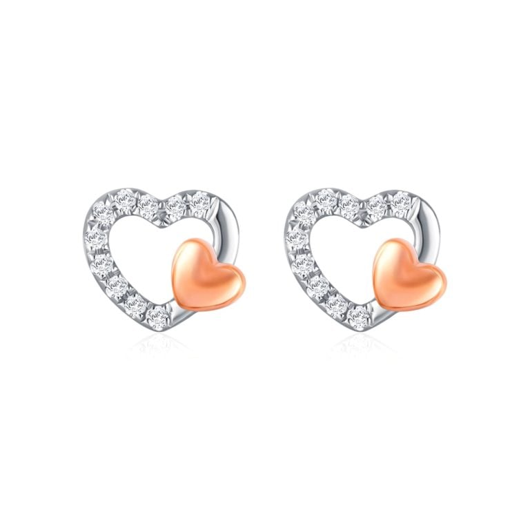 SK JEWELLERY 10K WHITE GOLD ROSE GOLD DOUBLE HEART DESIGN WITH DIAMONDS STUD EARRINGS FOR WOMEN MALAYSIA