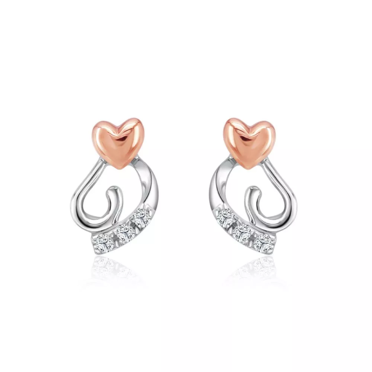 SK JEWELLERY 10K WHITE GOLD ROSE GOLD DOUBLE HEART DESIGN STUD WOMEN'S EARRINGS MALAYSIA