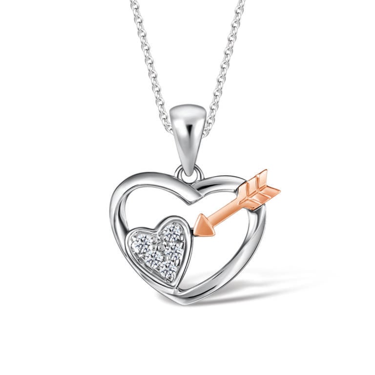 SK DIAMOND PENDANT STRAIGHT THROUGH THE HEART a pendant that shows two hearts struck by the cupid's arrow in 10k white gold and rose gold NECKLACE FOR WOMEN