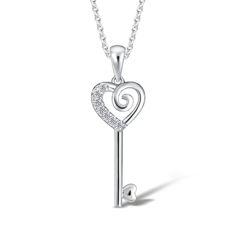 SK DIAMOND PENDANT HEART ASWIRL KEY STARLETT a key shaped pendant with a heart on top sparkled by lab grown diamonds in 10k white gold NECKLACE FOR WOMEN