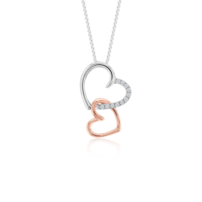 SK hooked on you diamond white gold & rose gold necklace for women - A lovely piece featuring a small rose gold heart intertwined with a larger heart of white gold, highlighted by diamonds.