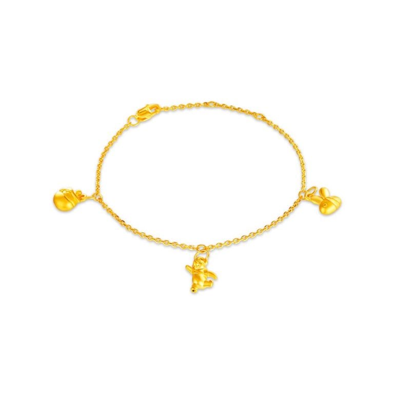 SK BRACELET FOR WOMEN WINNIE THE POOH SET 999 PURE GOLD featuring three winnie the pooh charms alongside bumble bee and his favourite hunny made out of 999 pure gold