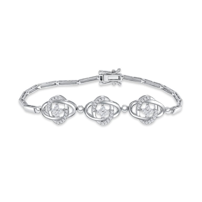 SK JEWELLERY 10K WHITE GOLD BRACELET INTERWOVEN CIRCLES WITH DIAMOND FLOWER IN THE MIDDLE BRACELET FOR WOMEN