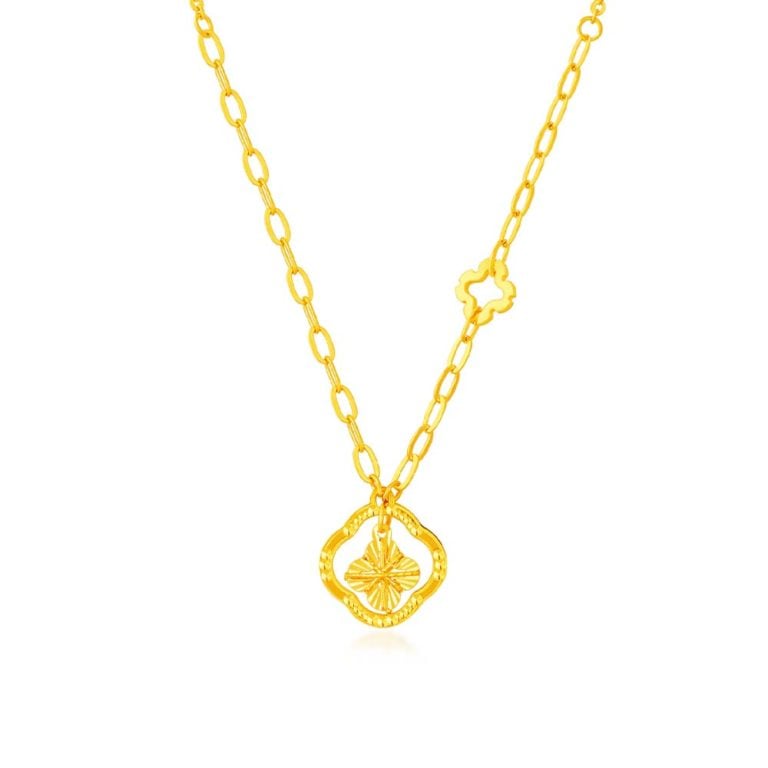 SK 916 Clover Dream Gold Medley Necklace, a stunning four-leaf clover necklace crafted in 916 gold, symbolizing elegance and luck.