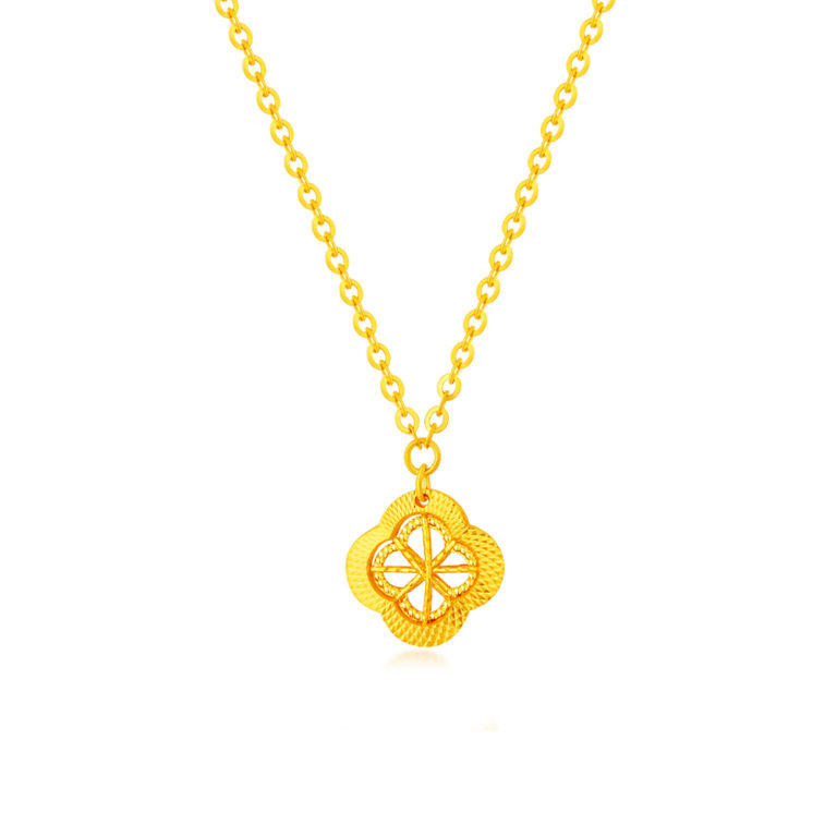SK 916 Asterisk Clover Gold Necklace featuring a unique asterisk-inspired clover design, beautifully crafted in 916 gold. This stunning four-leaf clover necklace is perfect for those seeking a stylish and meaningful accessory.