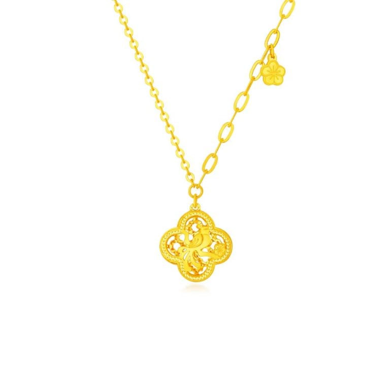 SK 916 Bird and Blossom Gold Necklace, a charming four-leaf clover necklace crafted in 916 gold, symbolizing luck and elegance.