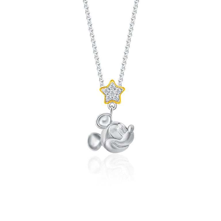 SK DIAMOND PENDANT STARRING MICKEY a mickey mouse pendant with a star on top of his head sparkled by lab grown diamonds in 10k white gold NECKLACE FOR WOMEN