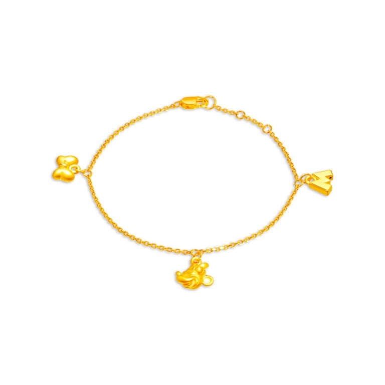 SK BRACELET FOR WOMEN MINNIE MOUSE CHARM SET 999 PURE GOLD a lovely bracelet featuring minnie mouse her iconic bow and the letter m dangling as charms made out of 999 gold