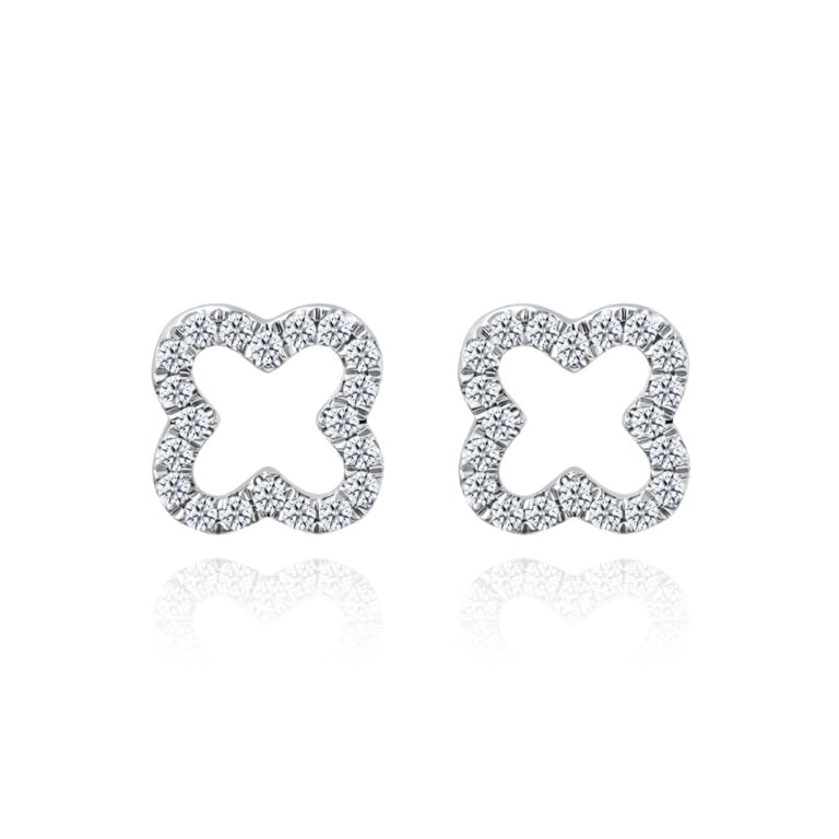 SK Jewellery Spark of Luck Earrings, a 10K White Gold Clover Outline Shaped Diamond Stud Earrings for Women, crafted with precision and adorned with sparkling diamonds