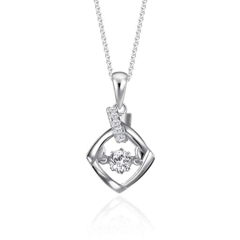 SK DIAMOND PENDANT STARLETT AVA an oscillating lab grown diamond framed in a diamond shaped in 10k white gold NECKLACE FOR WOMEN
