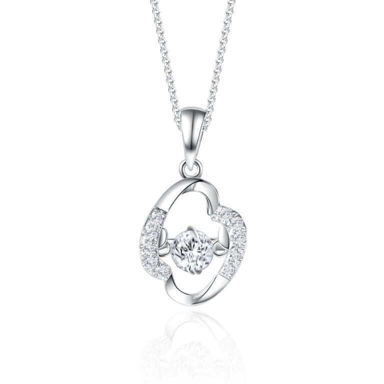 Starlett Emma Dancing Diamond Pendant necklace for women, crafted in 10K white gold, featuring an elegant abstract design with a mesmerizing dancing diamond (0.13ct) at its center, accented by sparkling lab-grown diamonds. Includes a 40cm white gold chain.