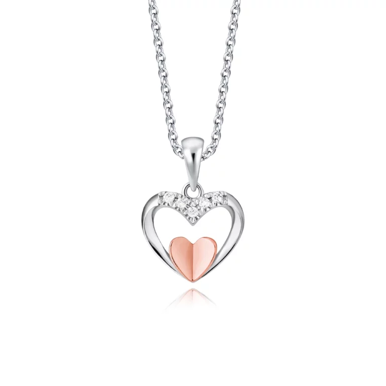 Starlett Flutter Rose Heart Diamond Pendant – A delicate heart-shaped pendant in white gold, featuring a rose gold heart centerpiece and sparkling diamond accents, suspended on a fine chain.