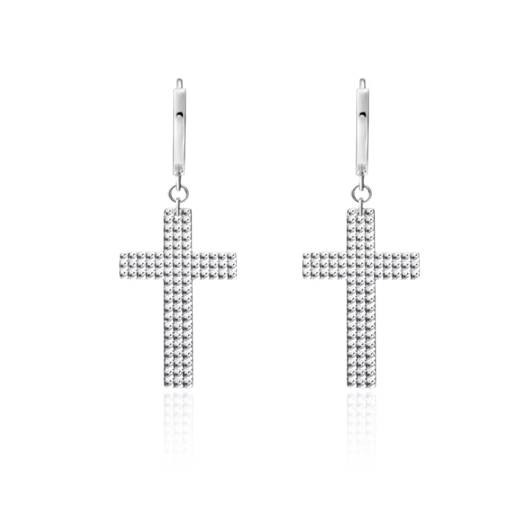 SK JEWELLERY 14K WHITE GOLD CROSS HUGGIE HOOP DANGLING EARRINGS FOR WOMEN