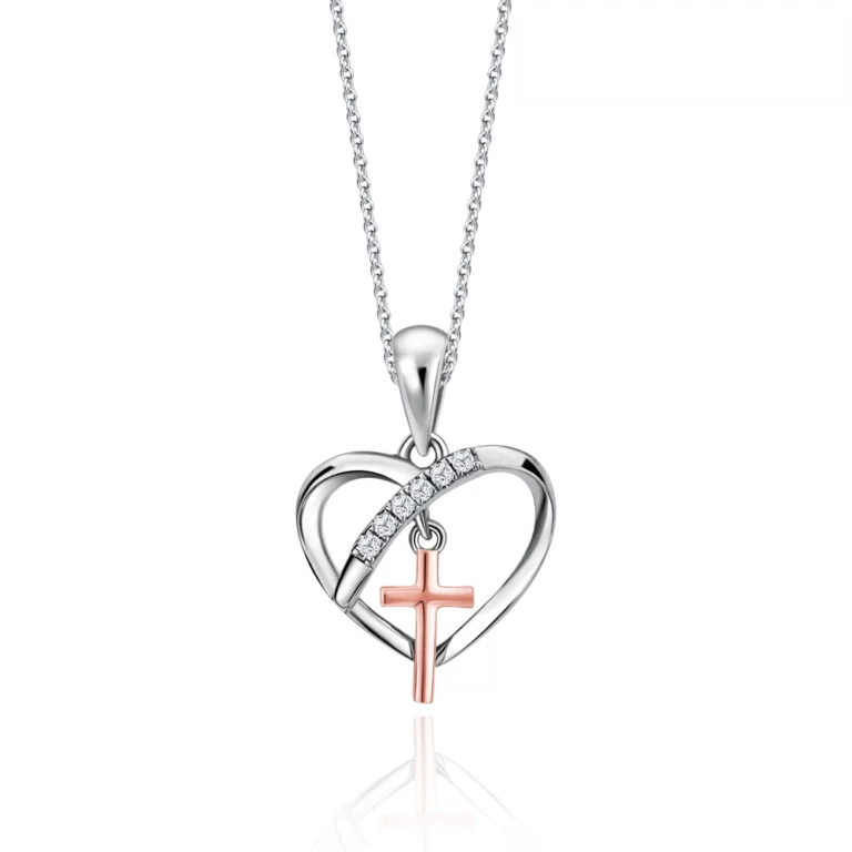 SK DIAMOND PENDANT STARLETT ABODE OF HEART a cross pendant with a heart shaped pendant sparkled by lab grown diamonds in 10k rose gold and white gold NECKLACE FOR WOMEN