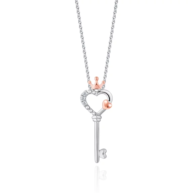 SK DIAMOND PENDANT PRINCESS KEY a key pendant with a tiara on top and sparkled with lab grown diamonds in 10k white gold and rose gold NECKLACE FOR WOMEN
