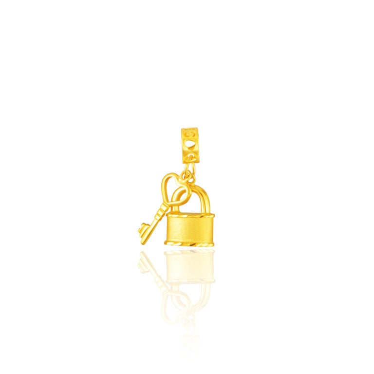 SK 916 Beloved Lock and Key Gold Charm featuring a heart-shaped key and lock design,