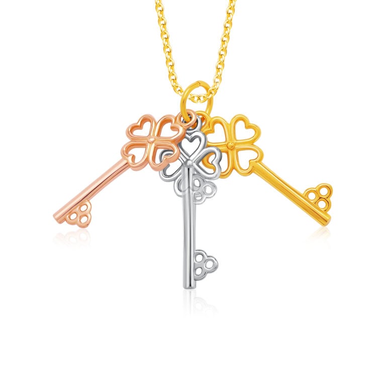 SK 916 TRIPLE FOUR LEAF CLOVER KEY GOLD PENDANT & NECKLACE FOR WOMEN