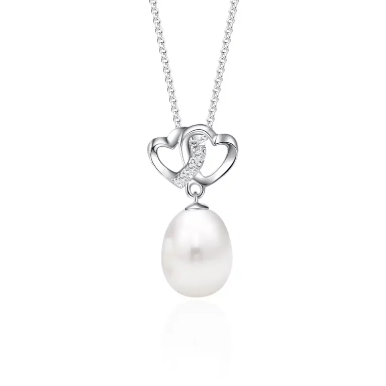 TWIN HEARTS sweet dangling freshwater PEARL PENDANT & NECKLACE with 10k white gold chain and lab grown diamond