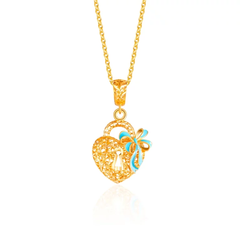 SK 916 Blue Bow Love Locket Gold Pendant featuring an intricate heart-shaped lock design adorned with a charming blue bow, crafted in 916 gold for a timeless gift