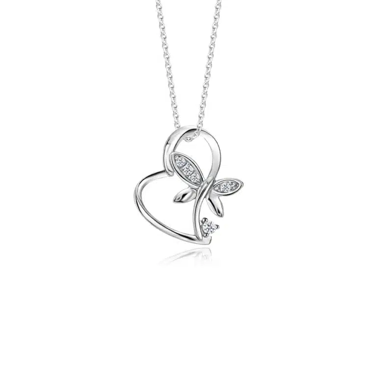 All Aflutter Diamond Pendant necklace for women in 10K white gold, featuring an elegant heart-shaped design formed by a dragonfly with sparkling lab-grown diamond wings (0.05ct), including a detachable 10K white gold chain.