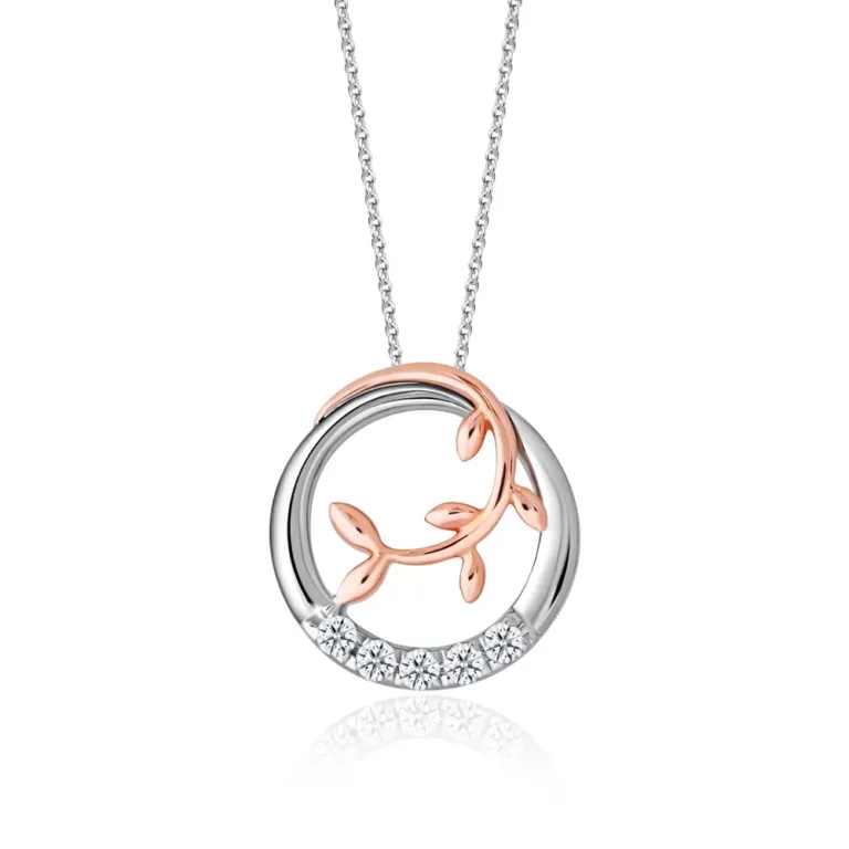 SK DIAMOND PENDANT LEAF VINE CIRCLE featuring a leafy vine in 10k rose gold curled around a circle frame in 10k white gold with lab grown diamonds NECKLACE FOR WOMEN