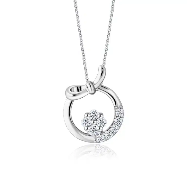SK DIAMOND PENDANT PROMISE KNOT a ribbon tied in the shape of a circle with lab grown diamonds in 10k white gold NECKLACE FOR WOMEN