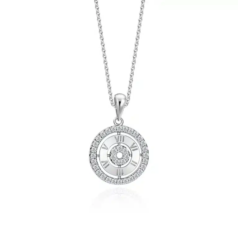 SK DIAMOND PENDANT CASSIA a circular pendant with roman numerals highlighted by lab grown diamonds in 10k white gold NECKLACE FOR WOMEN