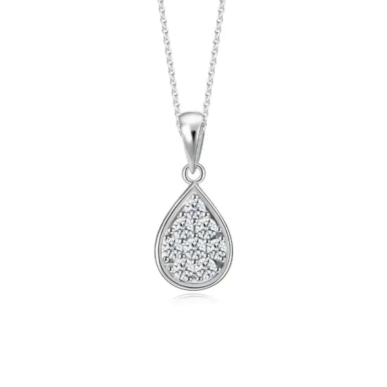 Teardrop Chandelier Diamond Pendant necklace for women, crafted in 10K white gold, showcasing an elegant teardrop design set with a cluster of 8 sparkling lab-grown diamonds (0.29ct). Includes a detachable 10K white gold chain.