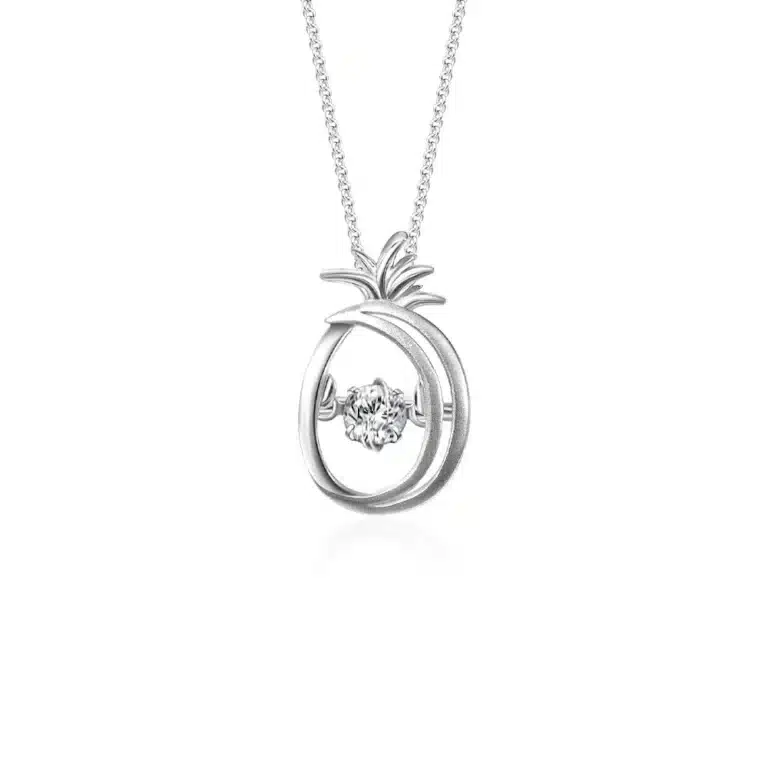 SK DIAMOND PENDANT STARLETT SPARKLING PINEAPPLE a pineapple designed pendant with an oscillating lab grown diamond inside in 10k white gold NECKLACE FOR WOMEN