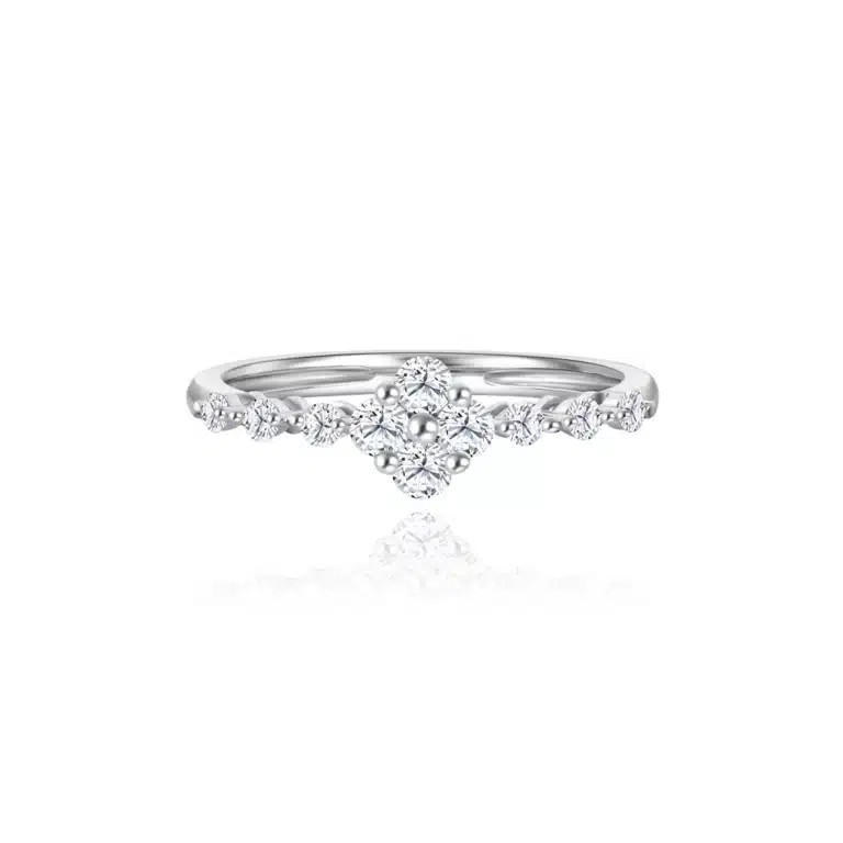 SK DIAMOND RING with four lab grown diamond flowers in 10k white gold ROSEA ENSPARKLE